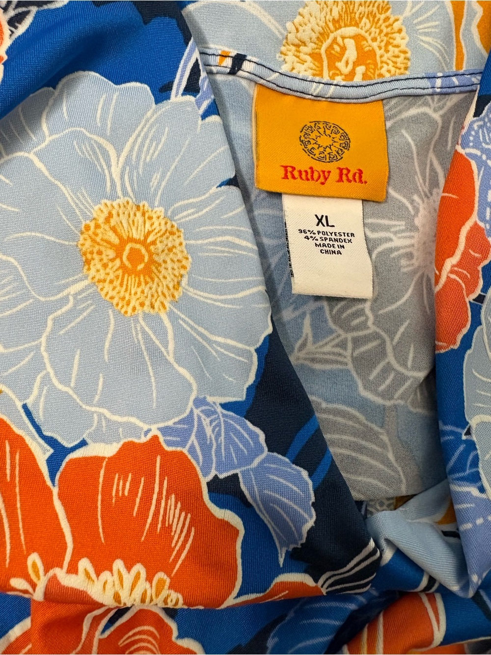 Ruby Rd. Blue Floral Hi-lo Wrinkle Free Travel Dress Orange White Flowers MuMu - Picture 4 of 8